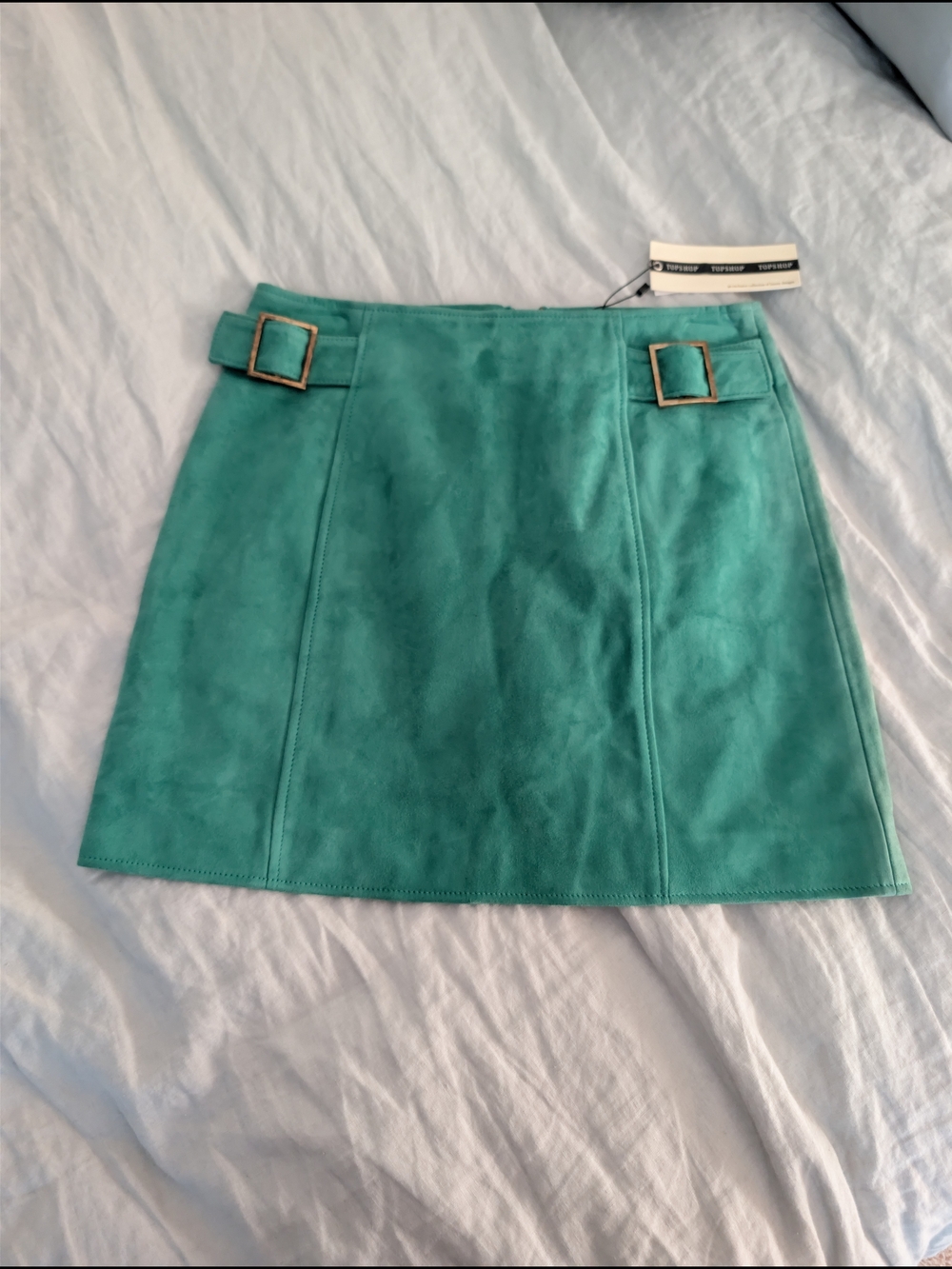 NWT Topshop Jade Green Genuine Suede Distressed Buckle Mini Skirt Size 6